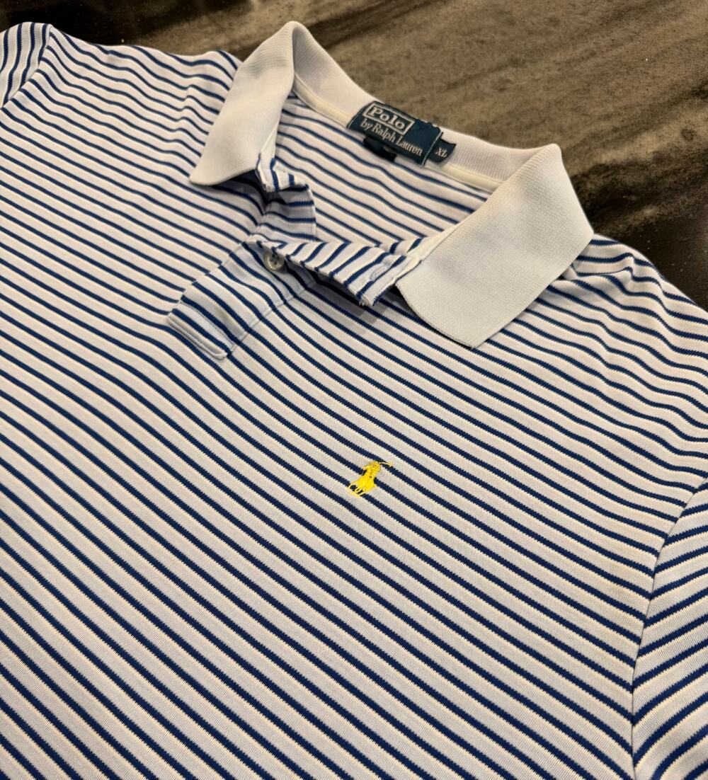 Vintage Polo Ralph Lauren Mens XL Blue White Stripe Shirt Yellow Pony Distressed